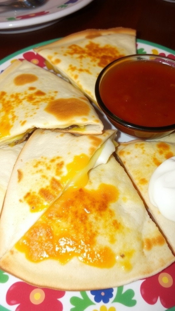 Golden brown quesadilla wedges with melted cheese, served with salsa and sour cream.
